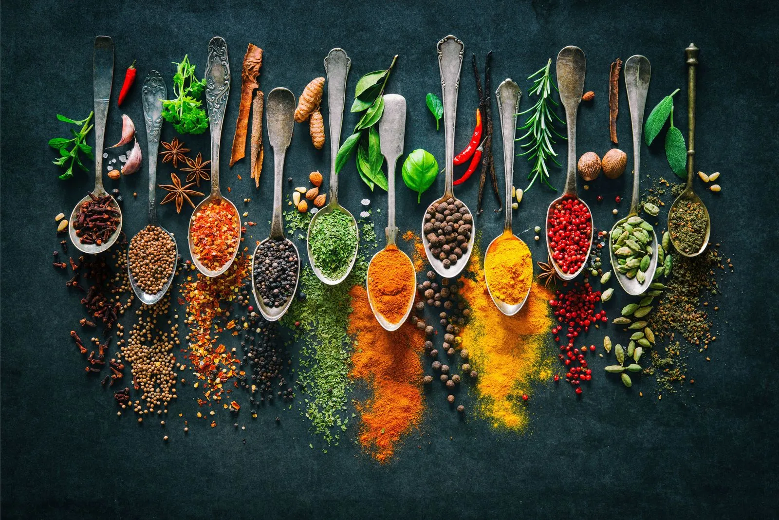 Spices and Mediterranean herbs – oregano, basil, rosemary and thyme essential to Mediterranean cooking.