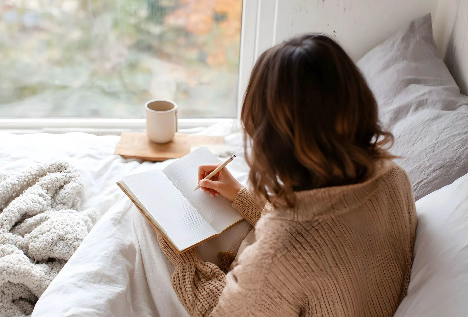 Morning planning: woman writing in her notebook to organize her day and boost productivity